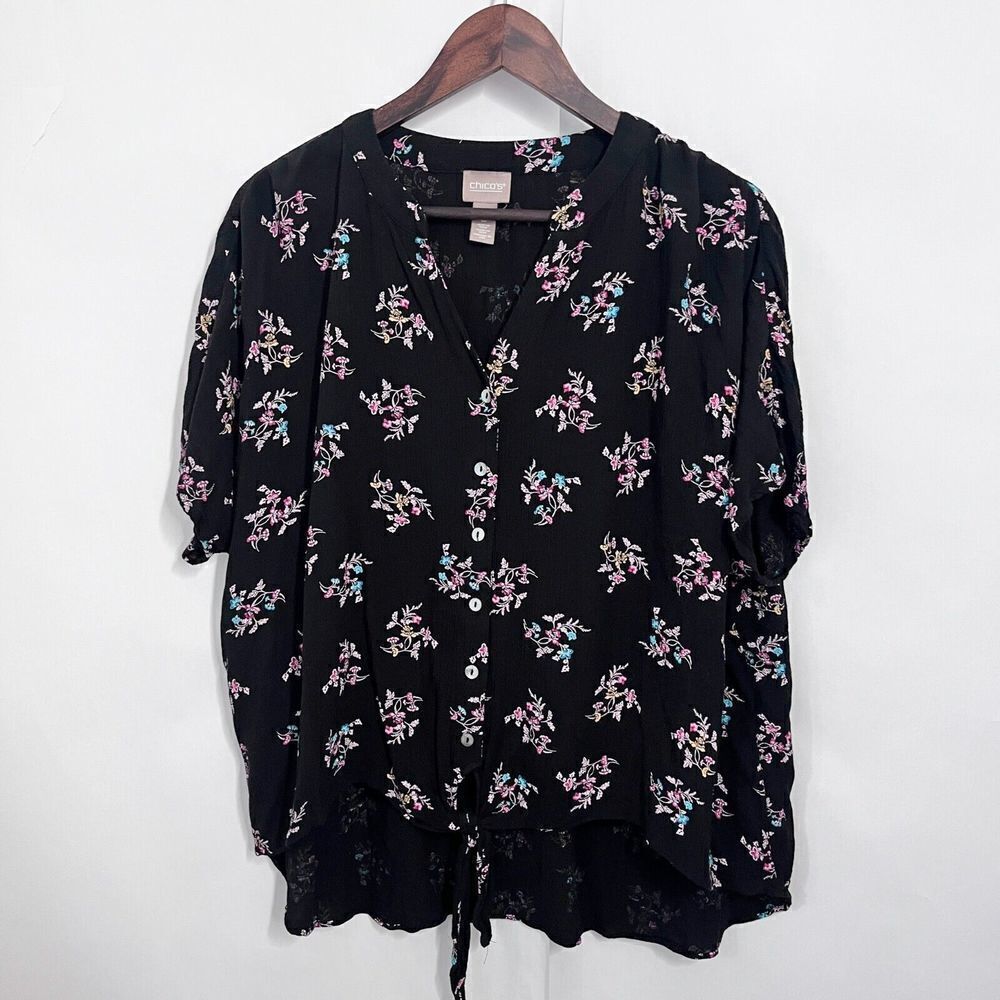 Chico's Women's Blouse Size 3 (XL) Button Down Rayon Short Sleeve Black Tie
